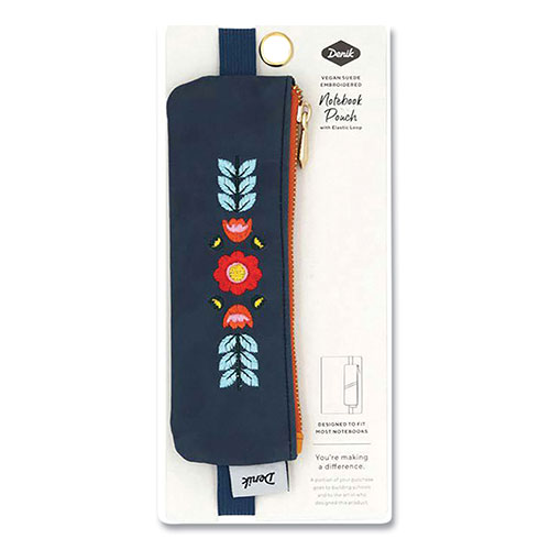 Denik Evelynn Zipper Vegan Suede Notebook Pouch, 2 x 6.5, Blue with Embroidered Flower