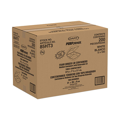 Dart Foam Container, Hinged Lid, 3-Comp, 8 3/8 x 7 7/8 x 3 1/4, 200/Carton