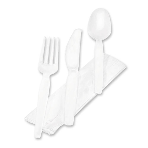 Dixie CM26NC7 White Heavy Medium Weight Polystyrene Fork, Knife, Teaspoon and Napkin Plastic Cutlery Kit