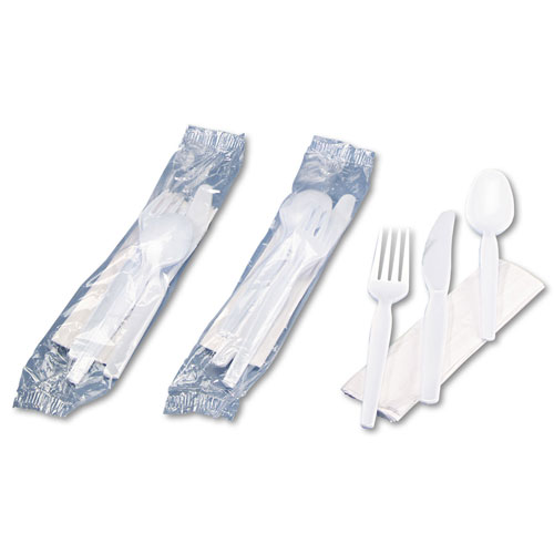 Dixie CM26NC7 White Heavy Medium Weight Polystyrene Fork, Knife, Teaspoon and Napkin Plastic Cutlery Kit