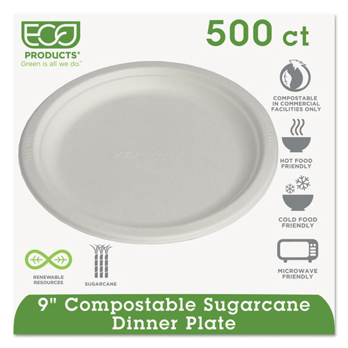 Eco-Products Renewable & Compostable Sugarcane Plates, 9", 500/Carton