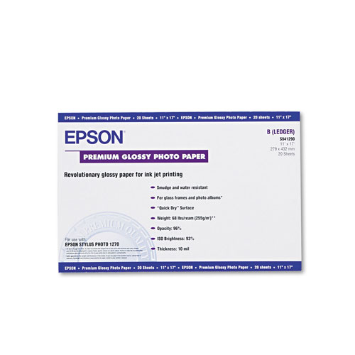 Epson Premium Photo Paper, 10.4 mil, 11 x 17, High-Gloss White, 20/Pack
