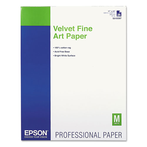 Epson Velvet Fine Art Paper, 17 x 22, White, 25/Pack