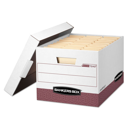 Fellowes R-KIVE Heavy-Duty Storage Boxes, Letter/Legal Files, 12.75" x 16.5" x 10.38", White/Red, 12/Carton