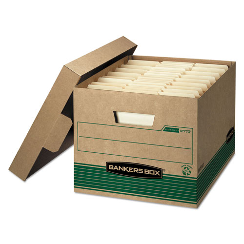 Fellowes STOR/FILE Medium-Duty 100% Recycled Storage Boxes, Letter/Legal Files, 12.5" x 16.25" x 10.25", Kraft/Green, 12/Carton