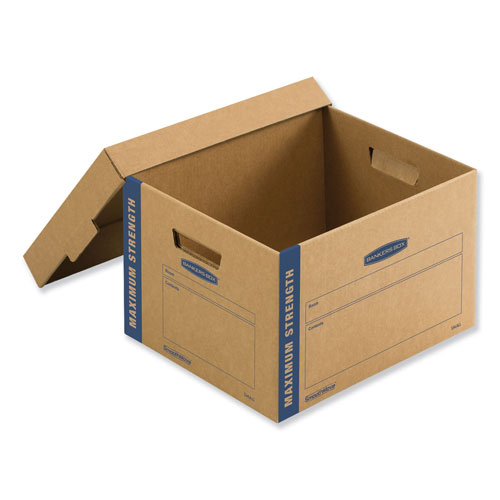 Fellowes SmoothMove Maximum Strength Moving Boxes, Small, Half Slotted Container (HSC), 15" x 15" x 12", Brown Kraft/Blue, 8/Pack