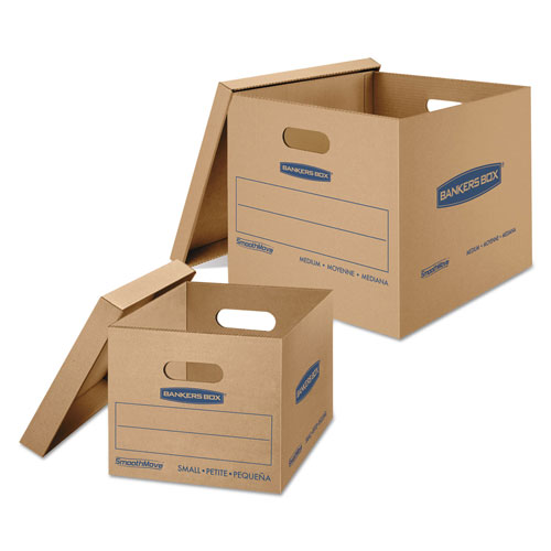 Fellowes SmoothMove Classic Moving & Storage Boxes, Assorted Sizes, Half Slotted Container (HSC), Brown Kraft/Blue, 12/Carton