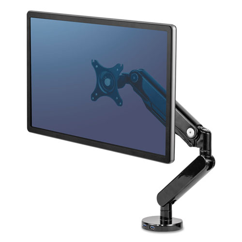 Fellowes Platinum Series Single Monitor Arm, up to 30", up to 20 lbs, Clamp/Grommet, Black