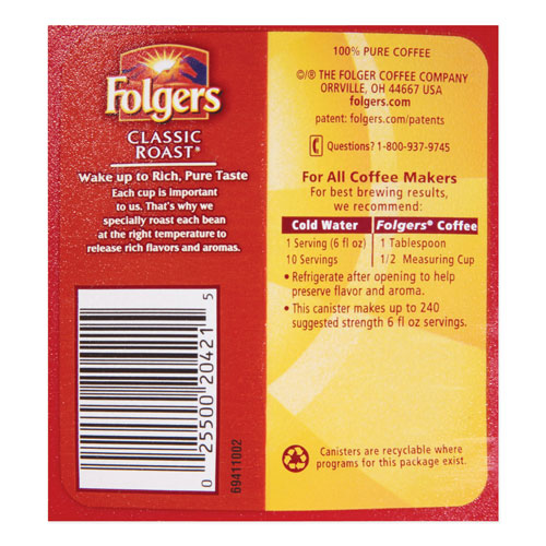 Folgers Coffee, Classic Roast, Ground, 30.5 oz Canister, 6/Carton