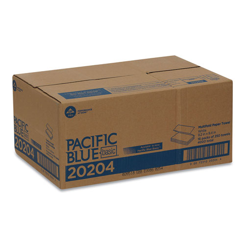 Pacific Blue Basic Multifold Paper Towels, White, 20204, 250 Towels/Pack, 16 Packs/Case