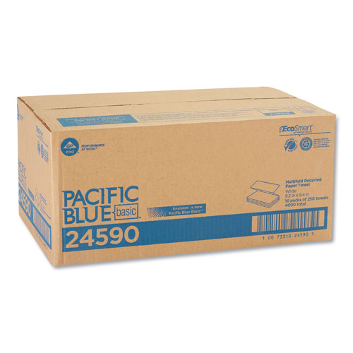 Pacific Blue Basic M-Fold Paper Towels, 9 1/5 x 9 2/5, White, 250/Pack, 16 PK/CT