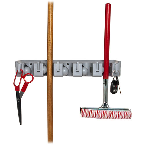 Genuine Joe Wall Rack, Hlds 5-Brooms/6-Hooks f/Haning, Gray