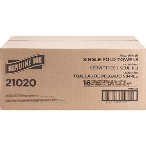 Genuine Joe 21020 Natural Singlefold Paper Towels, 10 1/2" x 9 3/10"