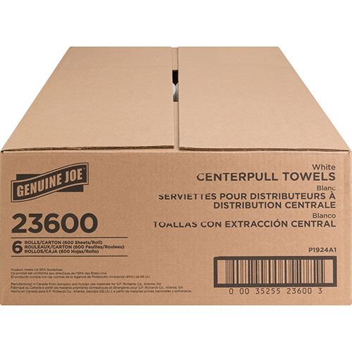 Genuine Joe Centerpull Towels, 600Shts, 6RL/CT, White
