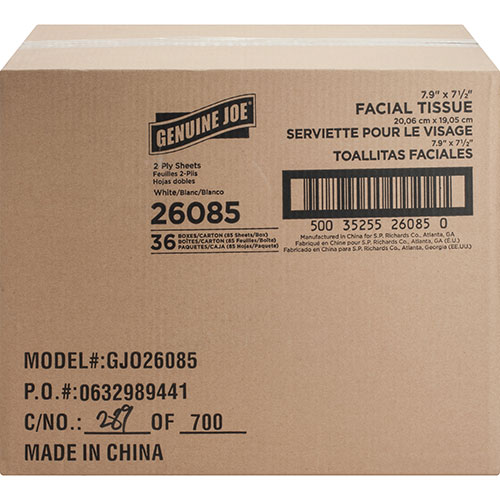 Genuine Joe Facial Tissue, 2-Ply, Cube Box, 85 /Box, 36/CT, White