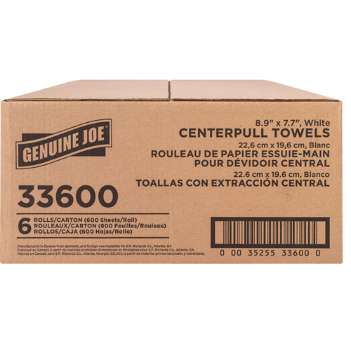 Genuine Joe Centerpull Towel Rolls - 600 Sheets/Roll - White - Virgin Fiber - Center Pull, Soft, Absorbent - For Washroom - 6 / Carton