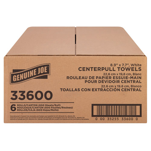 Genuine Joe Centerpull Towel Rolls - 600 Sheets/Roll - White - Virgin Fiber - Center Pull, Soft, Absorbent - For Washroom - 6 / Carton