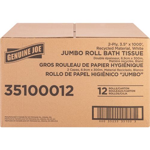 Genuine Joe Jumbo Jr Dispenser Bath Tissue Roll, 2 Ply, 3.50