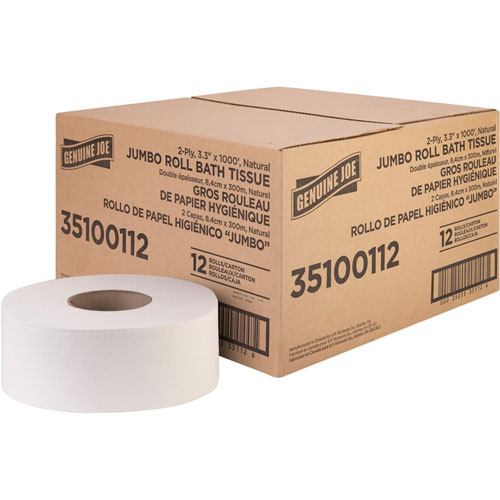 Genuine Joe Jumbo Jr Dispenser Bath Tissue Roll - 2 Ply - 3.30" x 1000 ft - 8.88" Roll Diameter - White - Fiber - Sewer-safe, Septic Safe - For Bathroom - 12 / Carton