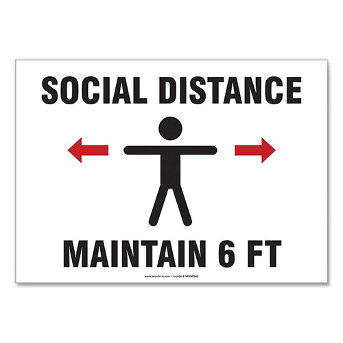 Accuform® Social Distance Signs, Wall, 14 x 10, "Social Distance Maintain 6 ft", Human, White, 10/Pack