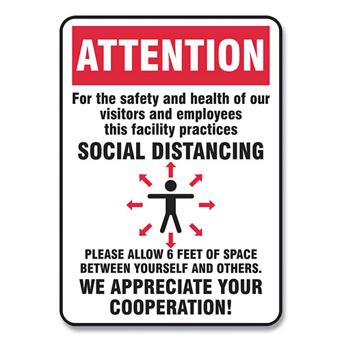 Accuform® Social Distance Signs, Wall, 10 x 7, Visitors and Employees Distancing, Humans/Arrows, Red/White, 10/Pack