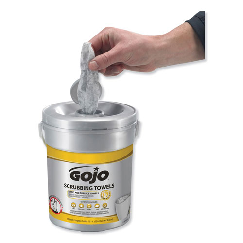 Gojo Scrubbing Towels, Hand Cleaning, Silver/Yellow, 10 1/2 x 12, 72/Bucket, 6/Carton