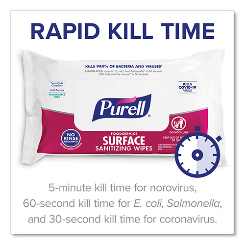 Purell Foodservice Surface Sanitizing Wipes, 7.4 x 9, Fragrance-Free, 72/Pouch, 12 Pouches/Carton