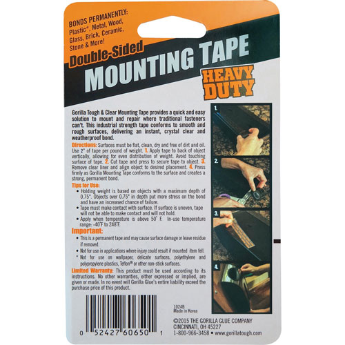 Gorilla Glue Heavy Duty Mounting Tape, Permanent, Holds Up to 30 lbs, 1