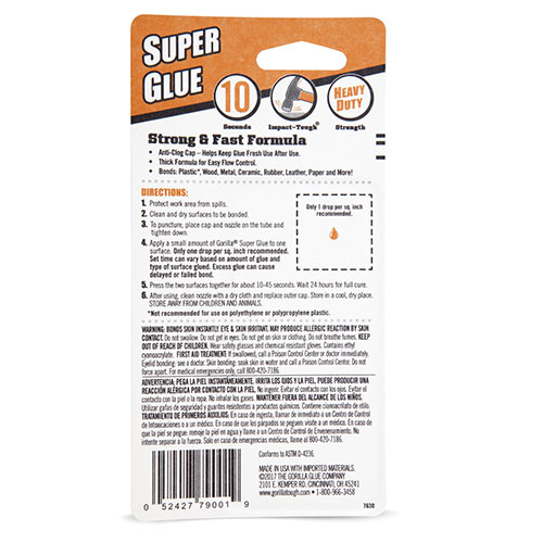 Gorilla Glue Super Glue, 0.53 oz, Dries Clear, 4/Carton