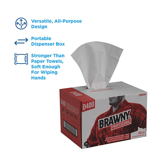 Brawny Professional® D400 Disposable Cleaning Towel, Convenience Case, White, 152 Towels, Towel (WxL) 12.5