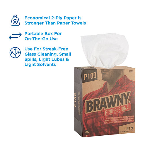 Brawny Professional® P100 Disposable Cleaning Towel, ¼-Fold, White, 148 Towels/Box, 20 Boxes/Case, Towel (WxL) 8