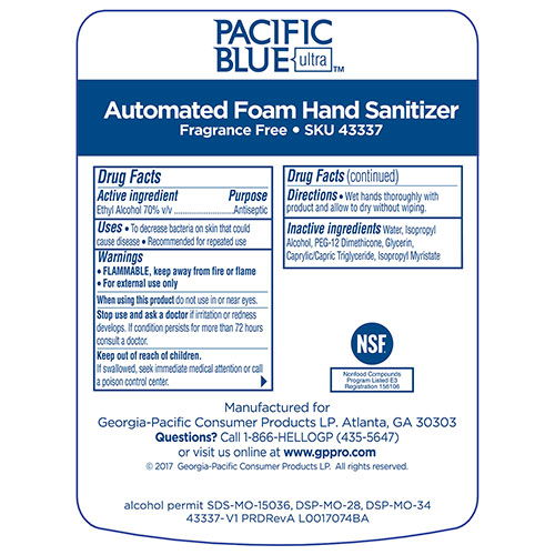 Pacific Blue Ultra Foam Sanitizer Refills for Automated Touchless Soap Dispenser, Dye and Fragrance Free, 1,000 mL/Bottle, 3 Bottles/Case
