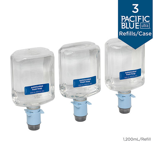 Pacific Blue Ultra Antimicrobial Foam Soap Refills for Automated Touchless Soap Dispenser, Dye and Fragrance Free, 1,200 mL/Bottle, 3 Bottles/Case