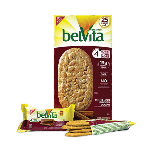 Nabisco belVita Breakfast Biscuits, Cinnamon Brown Sugar, 1.76 oz Pack, 25 Packs/Box
