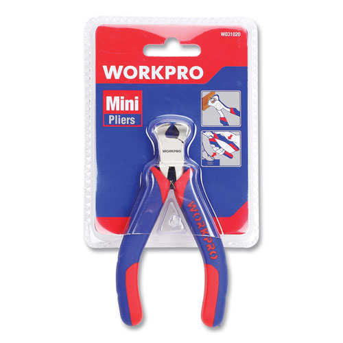 Workpro® Mini End-Cutting Pliers, 5" Long, Ni-Fe-Coated Drop-Forged Carbon Steel, Blue/Red Soft-Grip Handle