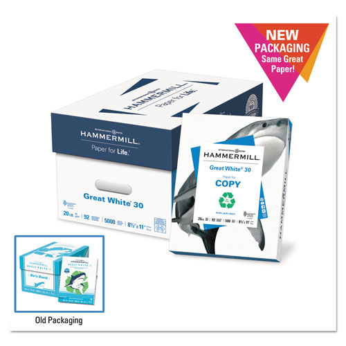Hammermill Great White 30 Recycled Print Paper, 92 Bright, 3Hole, 20lb, 8.5 x 11, White, 500 Sheets/Ream, 10 Reams/Carton