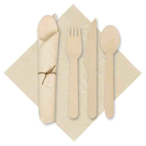 Hoffmaster Pre-Rolled Caterwrap Kraft Napkins with Wood Cutlery, 6 x 12 Napkin;Fork;Knife;Spoon, 7" to 9", Kraft, 100/Carton