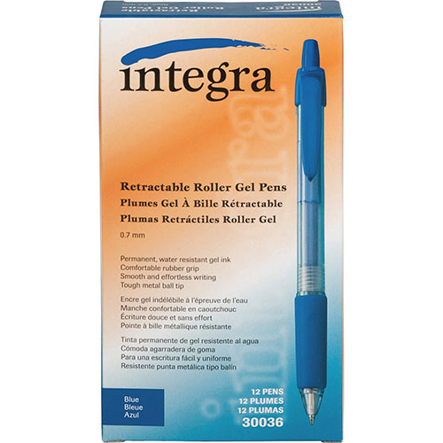 Integra Retractable Gel Ink Pen, Comfort Grip, .7mm, Blue