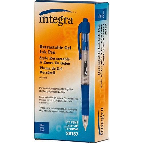 Integra Gel Pen, Retractable, Permanent, .5mm Point, Blue Barrel/Ink