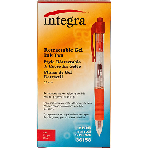 Integra Gel Pen, Retractable, Permanent, .5mm Point, Red Barrel/Ink