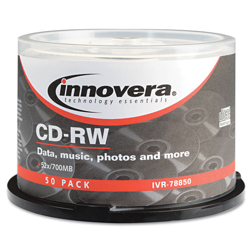 Innovera CD-RW Discs, Rewritable, 700MB/80min, 12x, Spindle, Silver, 50/Pack
