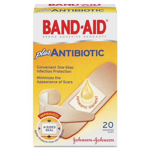 Band Aid Antibiotic Adhesive Bandages, Assorted Sizes, 20/Box