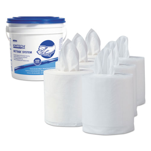 Kimtech™ Power Clean Wipers for WetTask Customizable Wet Wiping System with (1) Bucket, 6 x 12, Unscented, 95/Roll, 6 Rolls/Carton