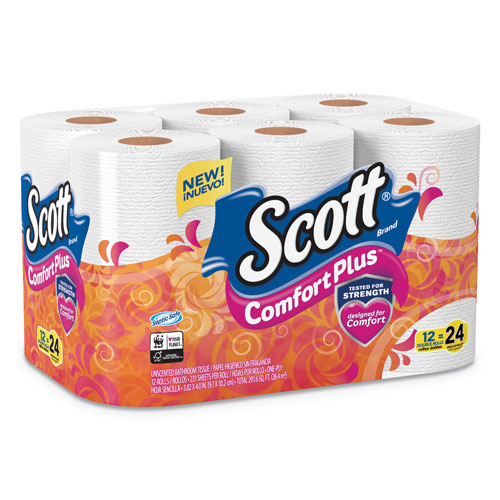 Scott® ComfortPlus Toilet Paper, Double Roll, Bath Tissue, Septic Safe, 1-Ply, White, 231 Sheets/Roll, 12 Rolls/Pack