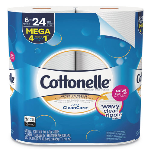 Cottonelle® Ultra CleanCare Toilet Paper, Strong Tissue, Mega Rolls, Septic Safe, 1-Ply, White, 340 Sheets/Roll, 6 Rolls/Pack, 6 Packs/CT