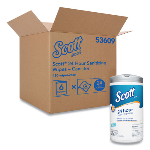 Scott® 24-Hour Sanitizing Wipes, 4.5 x 8.25, White, 75/Canister, 6 Canisters/Carton