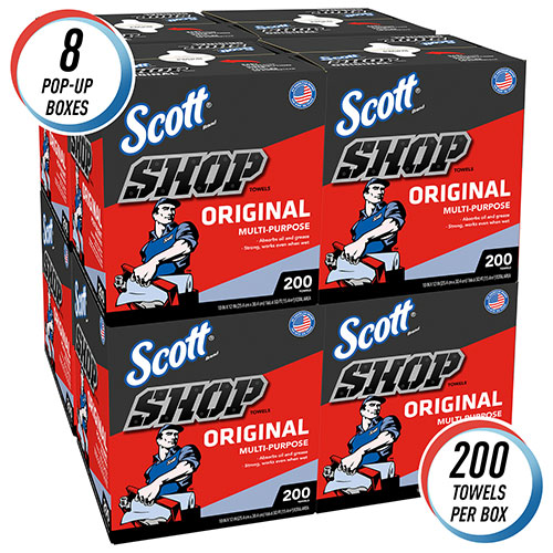 Scott® Shop Towels Original (75190), Blue, Pop-Up Dispenser Box, 200 Towels/Box, 8 Boxes/Case, 1,600 Towels/Case