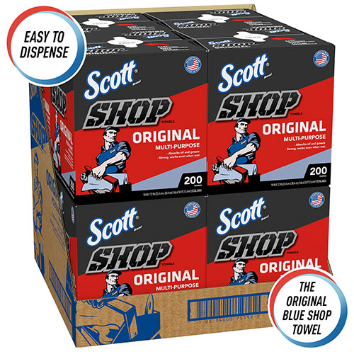 Scott® Shop Towels Original (75190), Blue, Pop-Up Dispenser Box, 200 Towels/Box, 8 Boxes/Case, 1,600 Towels/Case