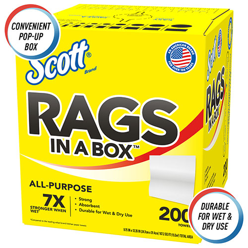 Scott® Rags in a Box, POP-UP Box, 12 x 9, White, 200/Box, 8 Boxes/Carton