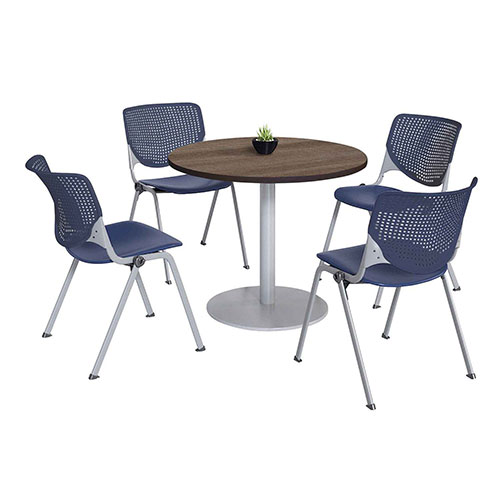 KFI Seating Pedestal Table with Four Navy Kool Series Chairs, Round, 36